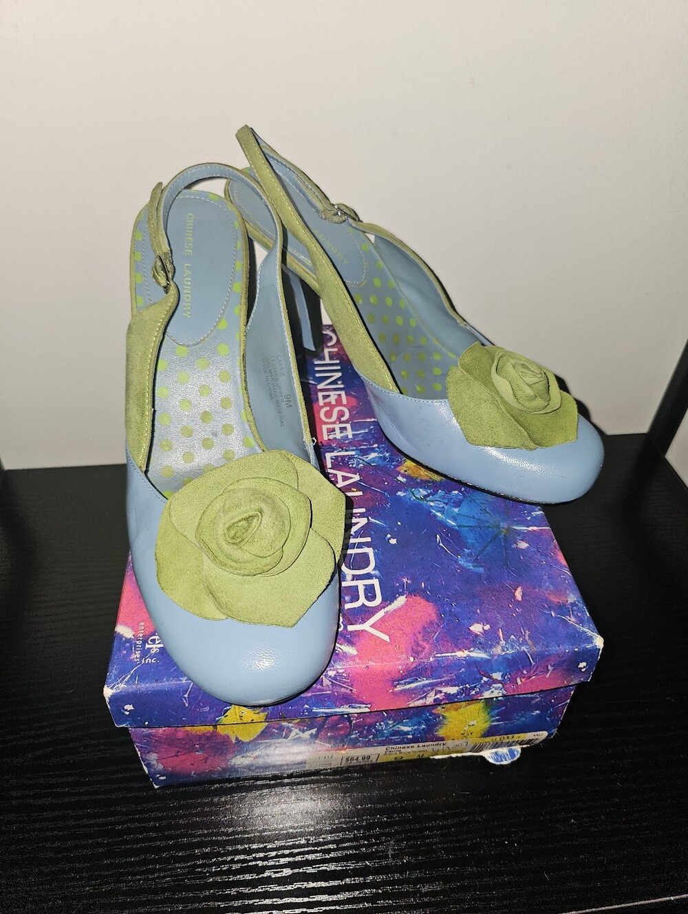 Chinese Laundry Carrie Aqua Leather & Green Suede Slingback Pumps